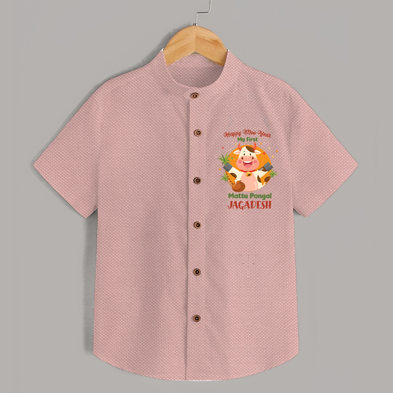 Happy Moo year - My First Mattu Pongal Themed Shirt For Kids - PEACH - 0 - 6 Months Old (Chest 23")