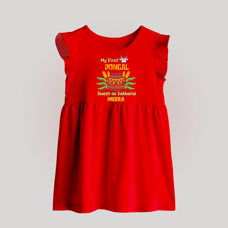 My First Pongal - Sweet as Sakkarai Customized Baby Frock for Babies - RED - 0 - 3 Months Old (Chest 17")