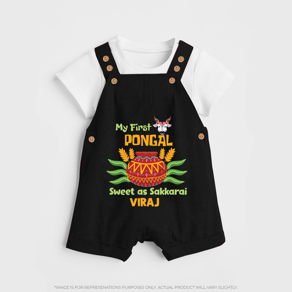 My First Pongal - Sweet as Sakkarai Customized Dungaree Set For Kids - BLACK - 0 - 5 Months Old (Chest 18")