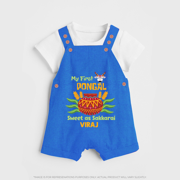 My First Pongal - Sweet as Sakkarai Customized Dungaree Set For Kids - COBALT BLUE - 0 - 5 Months Old (Chest 18")