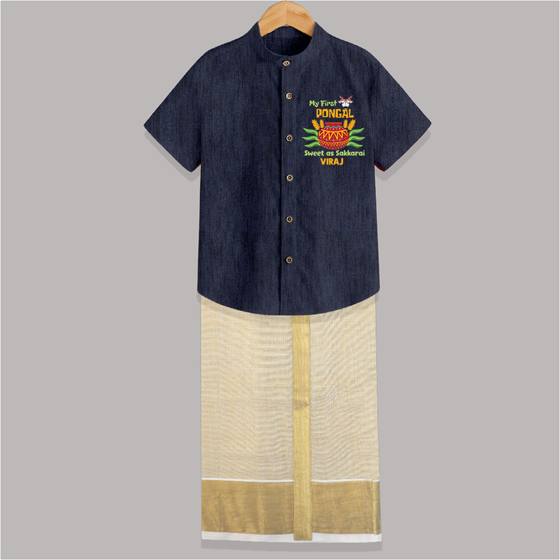 My First Pongal - Sweet as Sakkarai Customized Shirt and Dhoti for Boys - DARK BLUE - 0 - 6 Months Old (Chest-23") (Dhoti length-14")