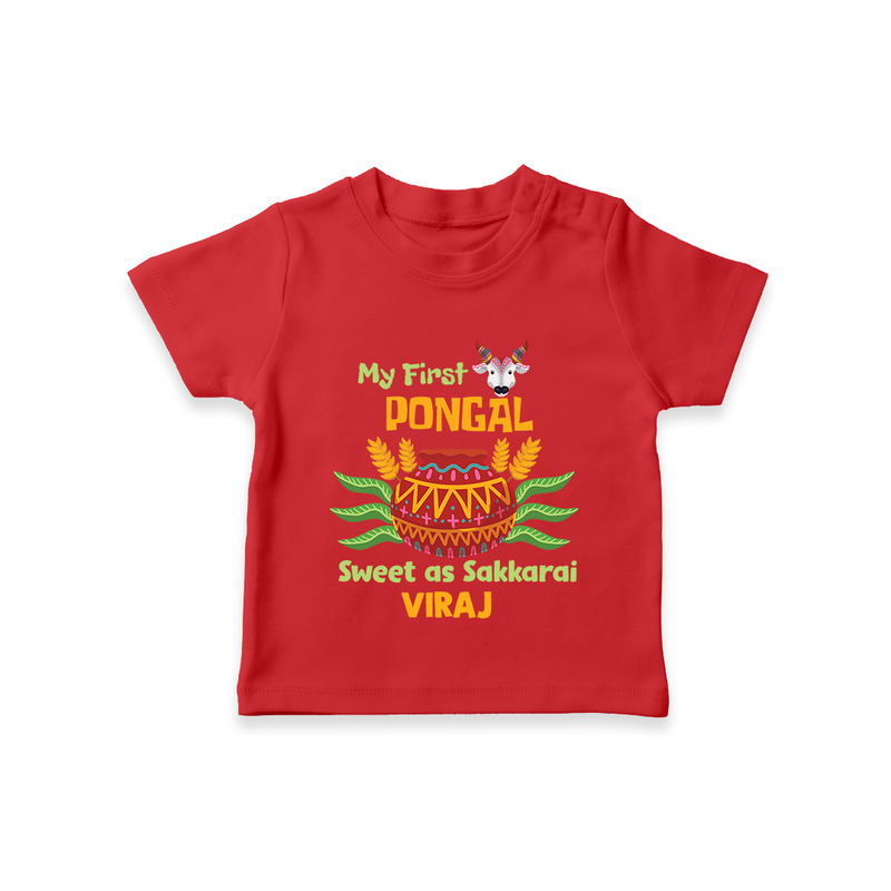 My First Pongal - Sweet as Sakkarai Customized T-Shirt For Kids - RED - 0-5 Months Old (Chest 17")