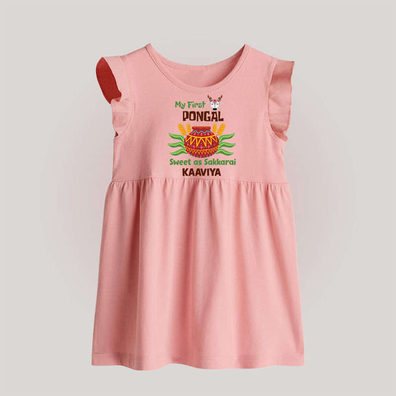 My First Pongal - Sweet as Sakkarai Customized Baby Frock for Babies - BABY PINK - 0 - 3 Months Old (Chest 17")