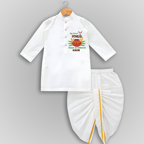 My First Pongal - Sweet as Sakkarai Customized Draped Dhoti for Boys - WHITE - 0 - 6 Month Old (Chest 24", Kurta Length 14" , Waist 19", Dhoti Length 14")