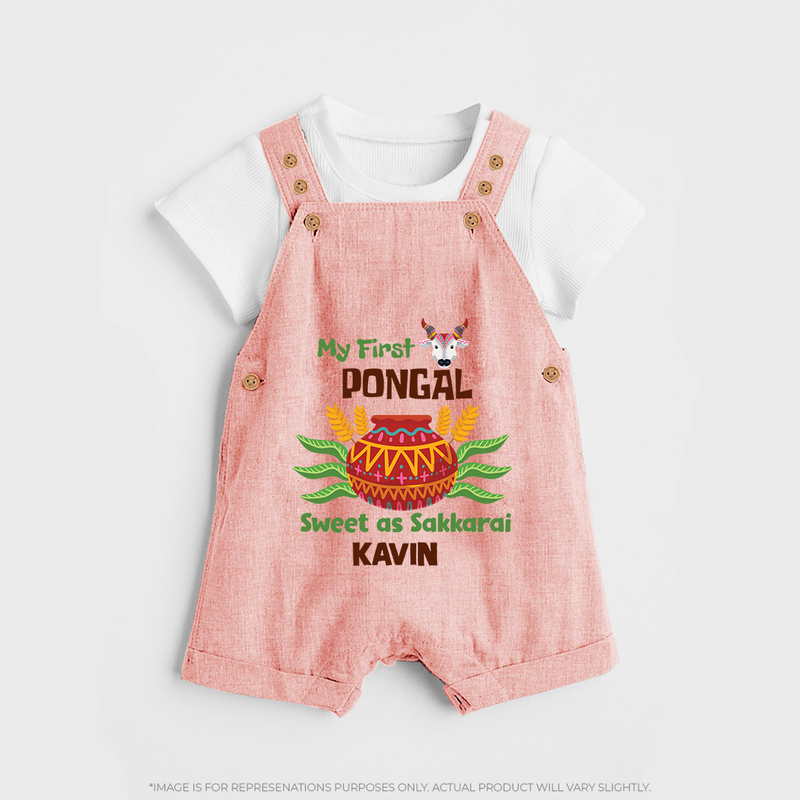 My First Pongal - Sweet as Sakkarai Customized Dungaree Set For Kids - PEACH - 0 - 5 Months Old (Chest 18")