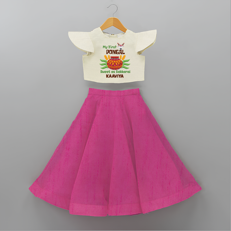 My First Pongal - Sweet as Sakkarai Customized Crop Top and Skirt for Girls - FUSCHIA - 6 - 9 Months Old (Chest 20" , Frock Waist 20")