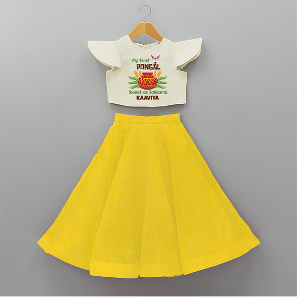 My First Pongal - Sweet as Sakkarai Customized Crop Top and Skirt for Girls - YELLOW - 6 - 9 Months Old (Chest 20" , Frock Waist 20")