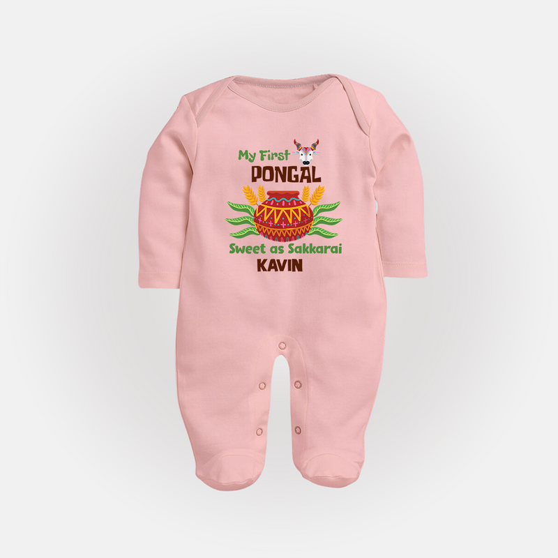 My First Pongal - Sweet as Sakkarai Customized Sleep Suit For Babies - BABY PINK - New Born (Chest 7.5")