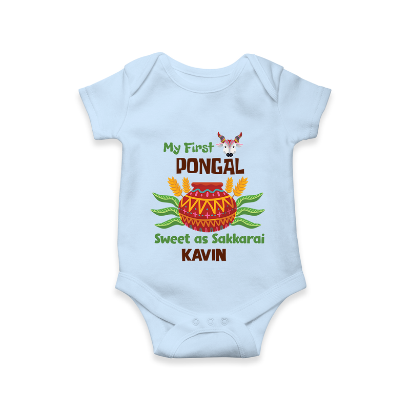 My First Pongal - Sweet as Sakkarai Customized Romper For Babies - BABY BLUE - 0-3 Months Old (Chest 16")