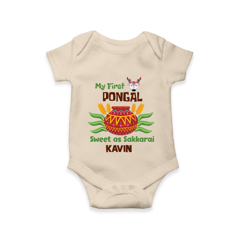 My First Pongal - Sweet as Sakkarai Customized Romper For Babies - IVORY - 0-3 Months Old (Chest 16")