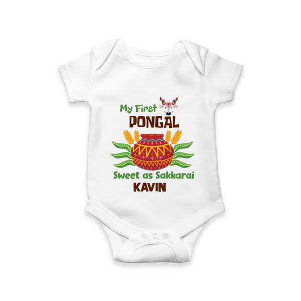 My First Pongal - Sweet as Sakkarai Customized Romper For Babies - WHITE - 0-3 Months Old (Chest 16")