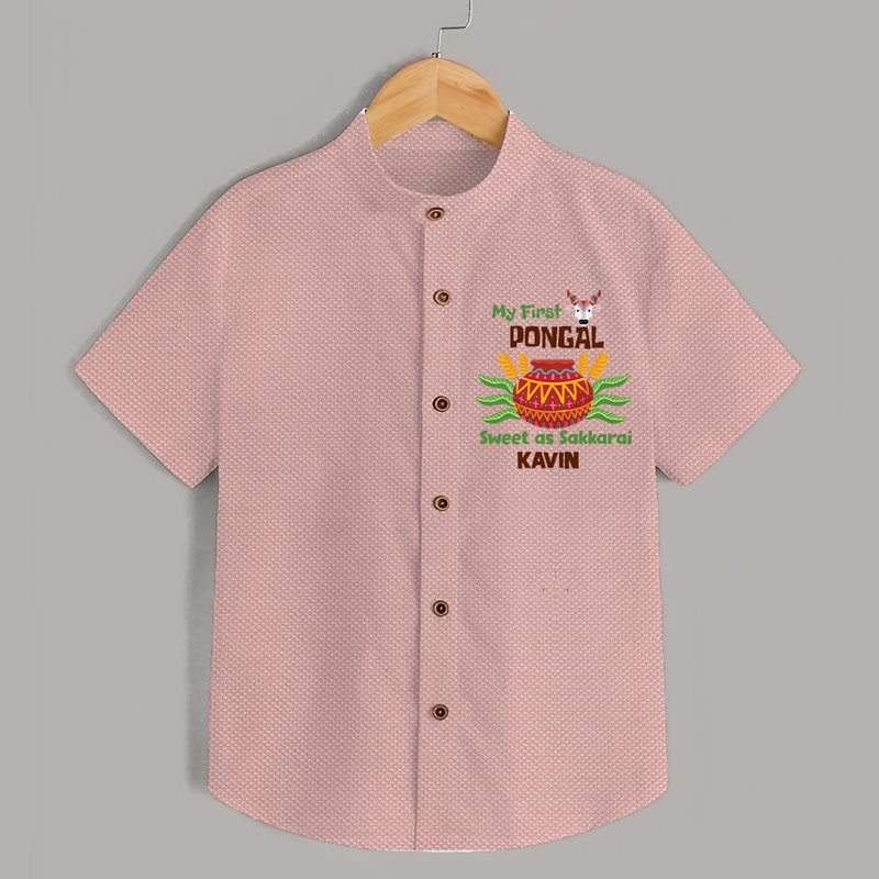 My First Pongal - Sweet as Sakkarai Customized Shirt for Boys - PEACH - 0 - 6 Months Old (Chest 23")