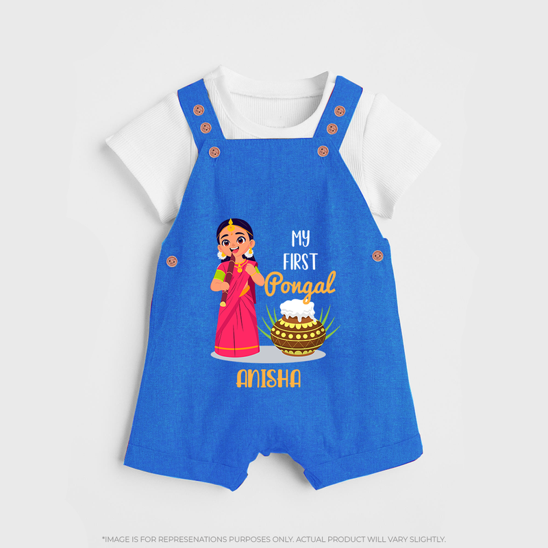 My First Pongal - Adorable Customized Dungaree Set For Kids - COBALT BLUE - 0 - 5 Months Old (Chest 18")