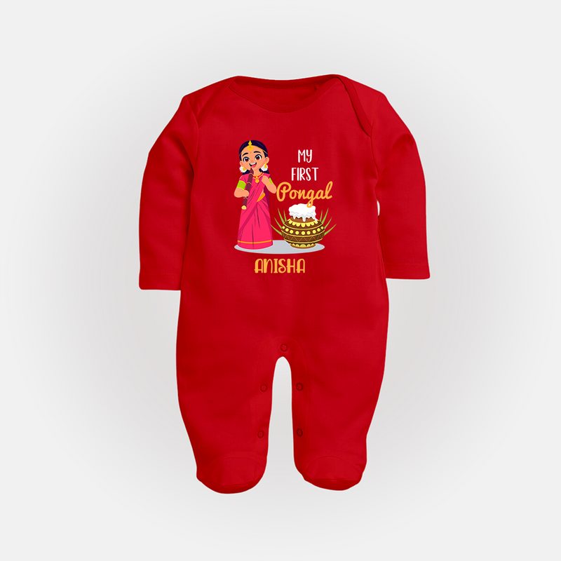 My First Pongal - Adorable Customized Sleep Suit For Babies - RED - New Born (Chest 7.5")