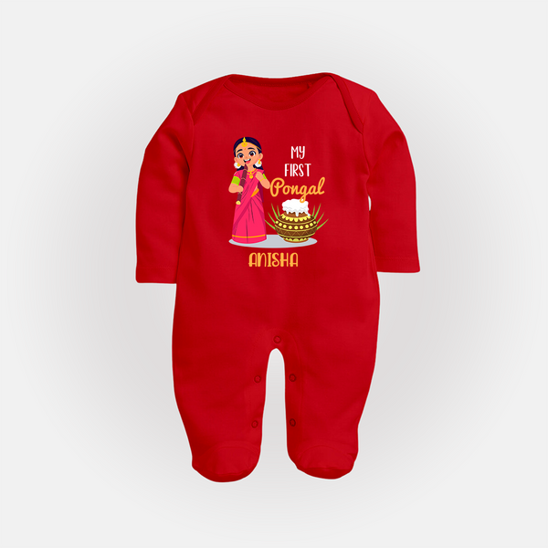 My First Pongal – Personalized Kids Fullbody Suit (Girl Edition) - RED - New Born (Chest 7.5")
