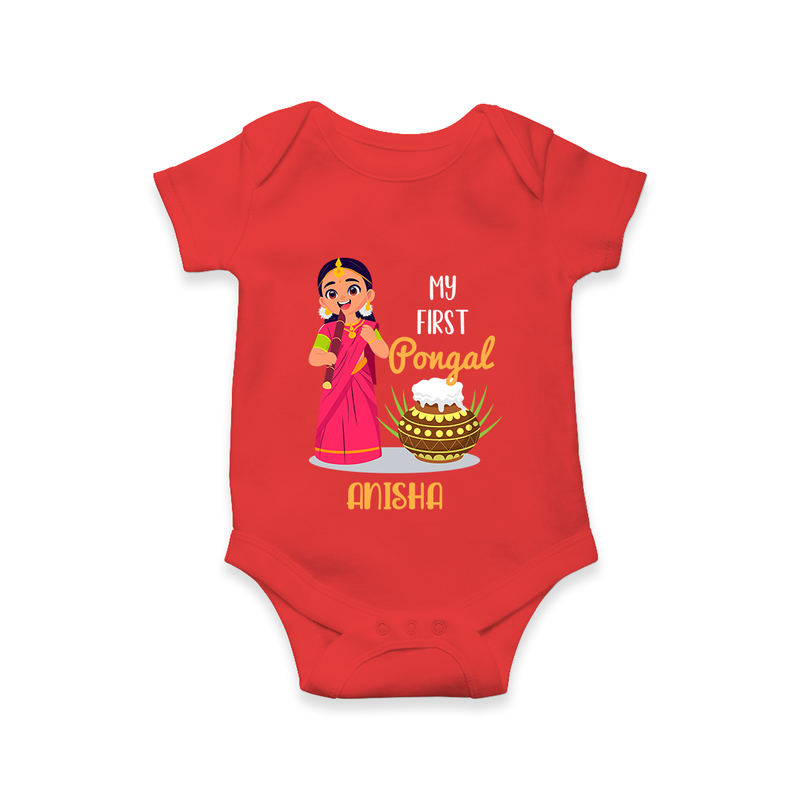 My First Pongal - Adorable Customized Romper For Babies - RED - 0-3 Months Old (Chest 16")