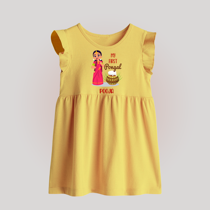 My First Pongal - Adorable Customized Baby Frock for Babies - YELLOW - 0 - 3 Months Old (Chest 17")