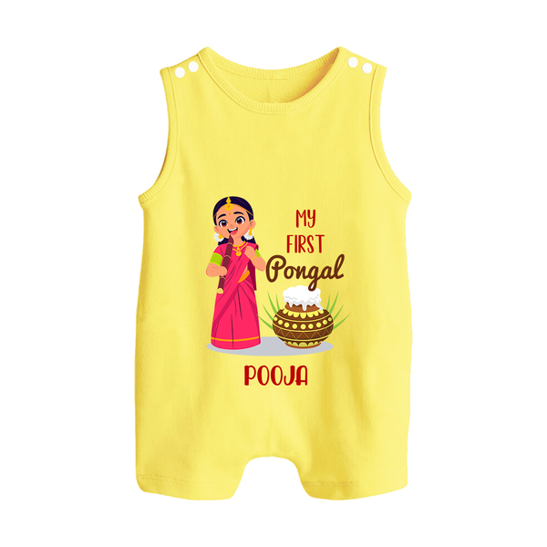 My First Pongal – Personalized Kids Romper Suit (Girl Edition) - PASTEL YELLOW - 0 - 5 Months Old (Chest 18")