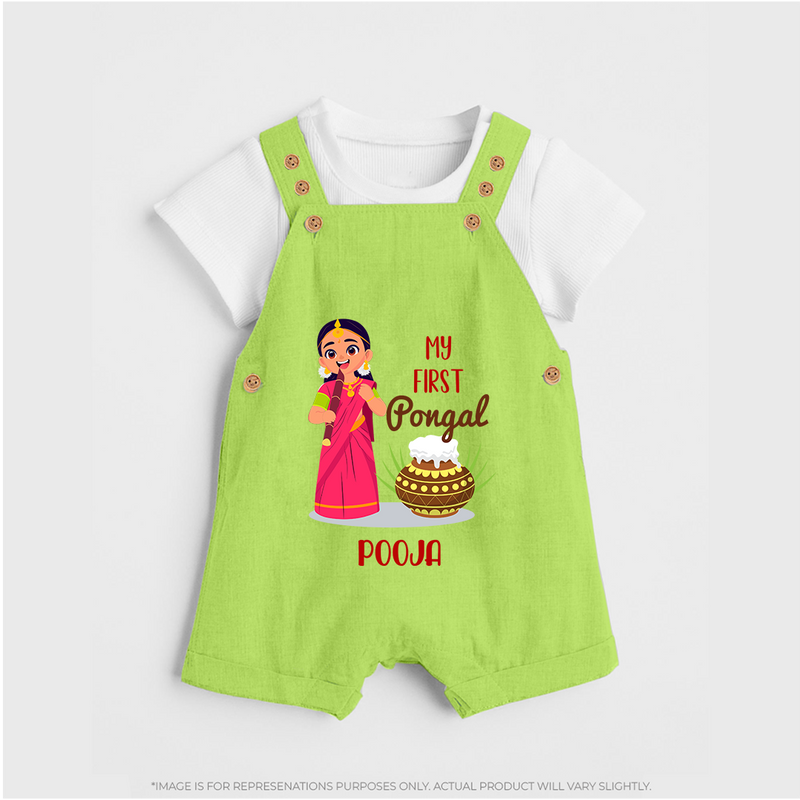 My First Pongal - Adorable Customized Dungaree Set For Kids - GREEN - 0 - 5 Months Old (Chest 18")