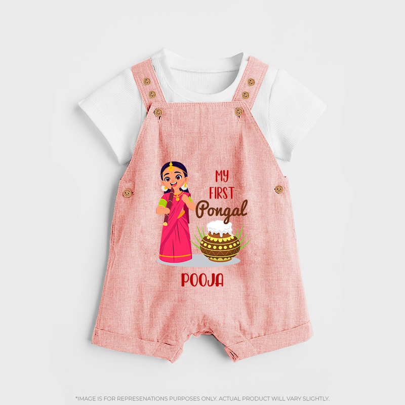 My First Pongal - Adorable Customized Dungaree Set For Kids - PEACH - 0 - 5 Months Old (Chest 18")