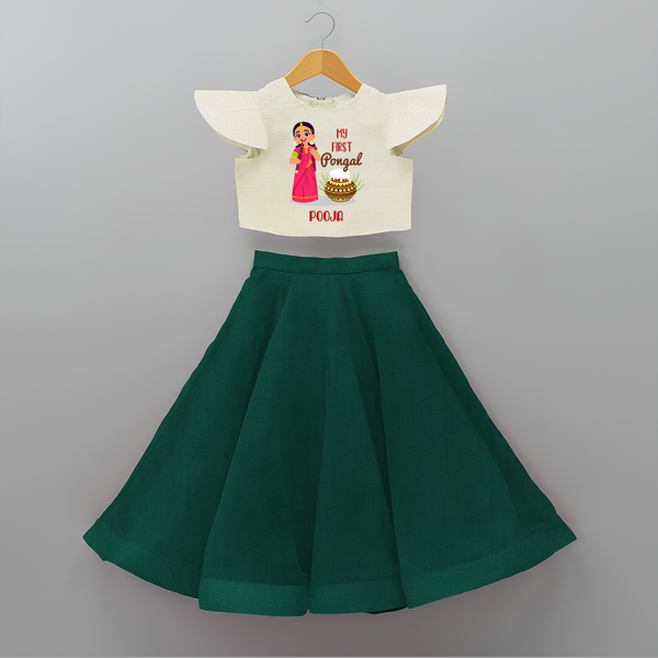 My First Pongal - Adorable Customized Crop Top and Skirt for Girls - BOTTLE GREEN - 6 - 9 Months Old (Chest 20" , Frock Waist 20")