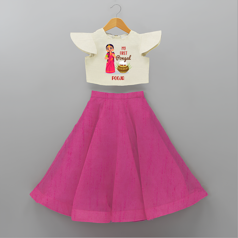 My First Pongal - Adorable Customized Crop Top and Skirt for Girls - FUSCHIA - 6 - 9 Months Old (Chest 20" , Frock Waist 20")