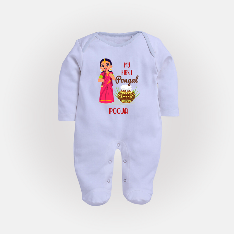 My First Pongal - Adorable Customized Sleep Suit For Babies - BABY BLUE - New Born (Chest 7.5")