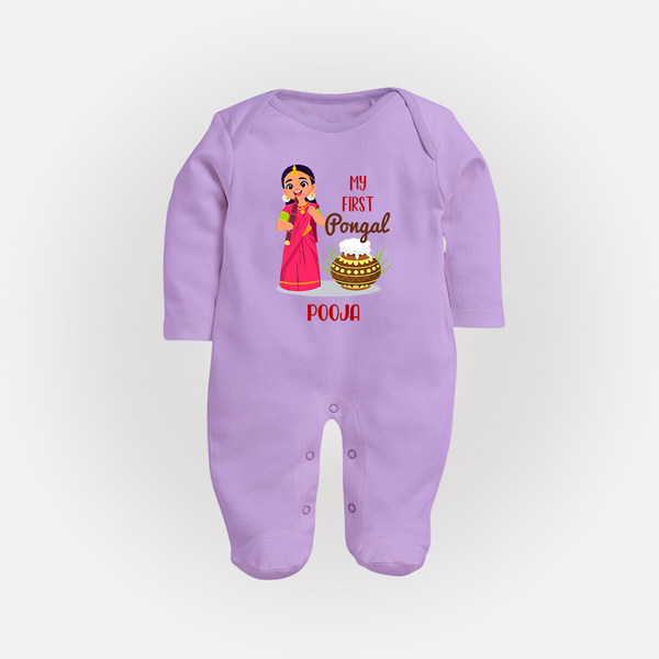 My First Pongal – Personalized Kids Fullbody Suit (Girl Edition) - LILAC - New Born (Chest 7.5")