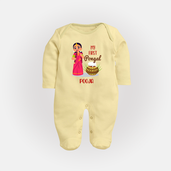 My First Pongal – Personalized Kids Fullbody Suit (Girl Edition) - PASTEL YELLOW - New Born (Chest 7.5")