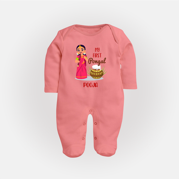 My First Pongal – Personalized Kids Fullbody Suit (Girl Edition) - PEACH - New Born (Chest 7.5")