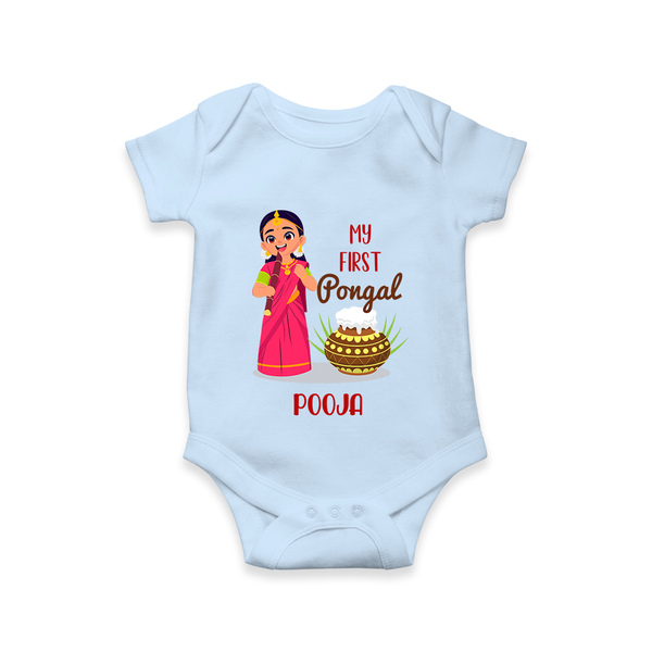 My First Pongal – Personalized Kids Romper (Girl Edition) - BABY BLUE - New Born (Chest 14")
