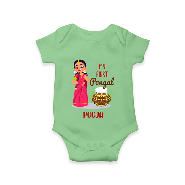 My First Pongal - Adorable Customized Romper For Babies - GREEN - 0-3 Months Old (Chest 16")