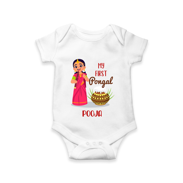 My First Pongal – Personalized Kids Romper (Girl Edition) - WHITE - New Born (Chest 14")