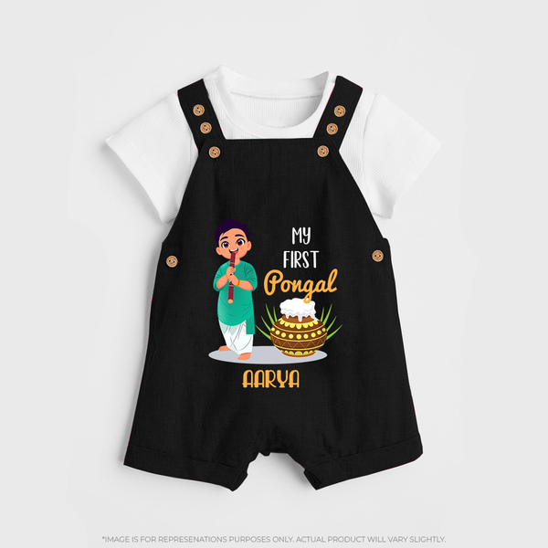 "celebrate This Pongal With Our My First Pongal Themed Customized Dungaree Set For Babies" - BLACK - 0 - 5 Months Old (Chest 18")