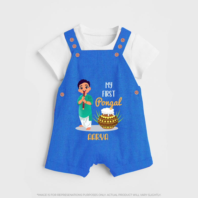 "celebrate This Pongal With Our My First Pongal Themed Customized Dungaree Set For Babies" - COBALT BLUE - 0 - 5 Months Old (Chest 18")