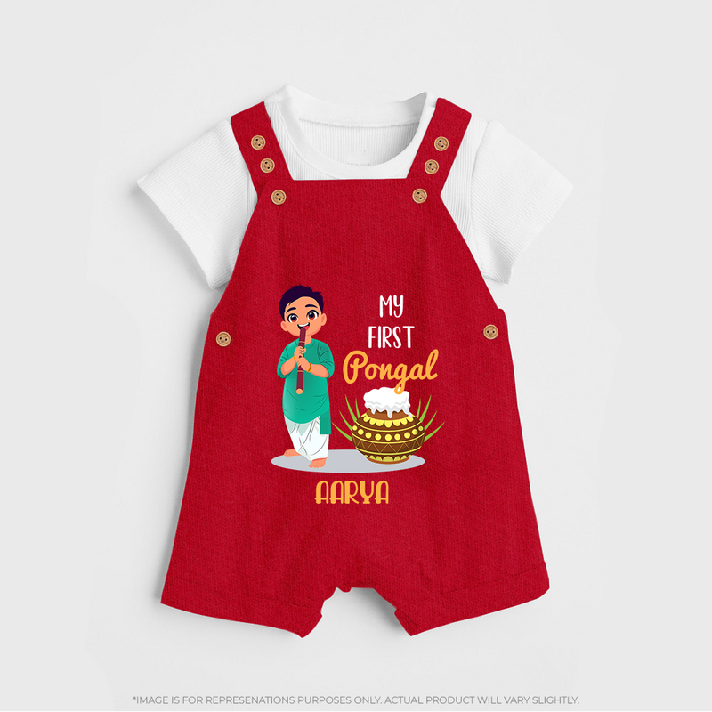 "celebrate This Pongal With Our My First Pongal Themed Customized Dungaree Set For Babies" - RED - 0 - 5 Months Old (Chest 18")