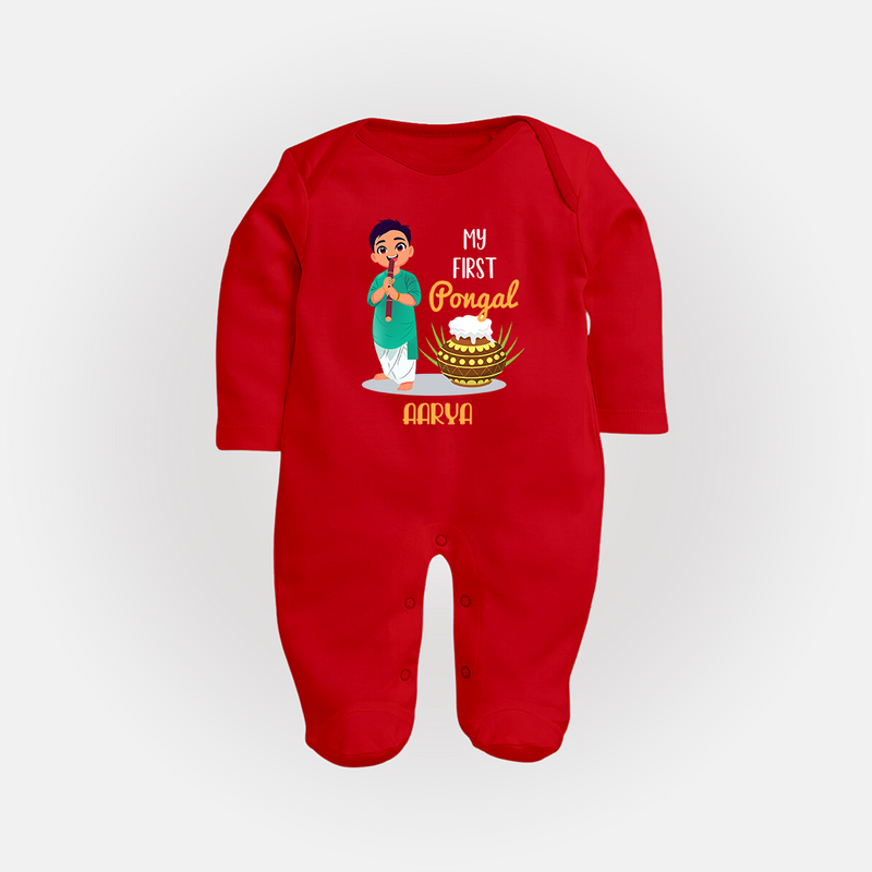 "celebrate This Pongal With Our My First Pongal Themed Customized Sleep Suit For Babies" - RED - New Born (Chest 7.5")