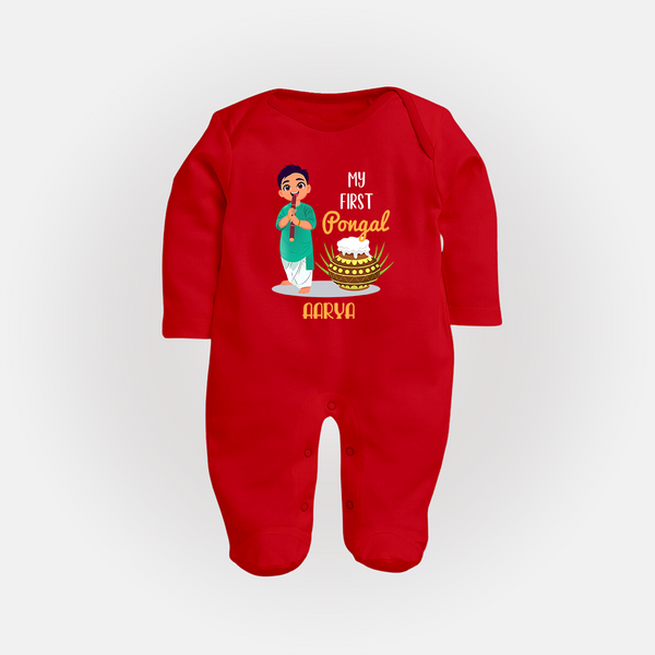 My First Pongal – Personalized Kids Fullbody Suit (Boy Edition) - RED - New Born (Chest 7.5")