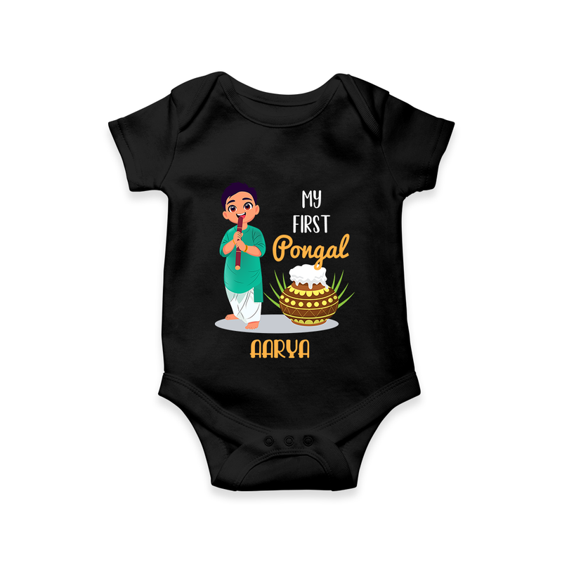 "celebrate This Pongal With Our My First Pongal Themed Customized Romper For Babies" - BLACK - 0-3 Months Old (Chest 16")