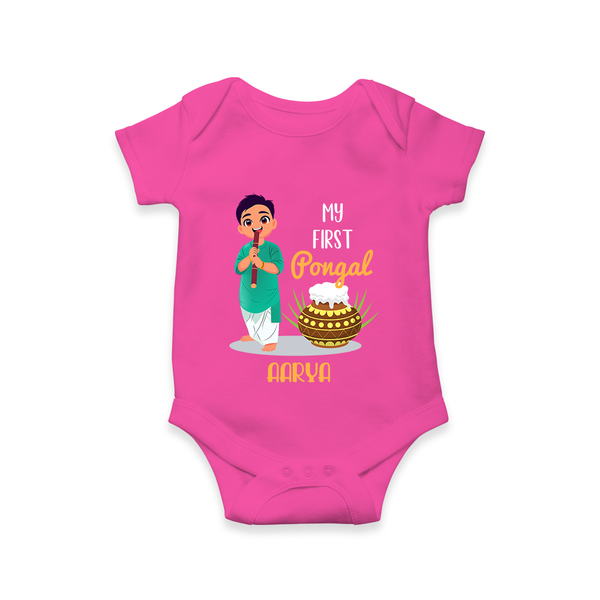 My First Pongal – Personalized Kids Romper (Boy Edition) - HOT PINK - New Born (Chest 14")