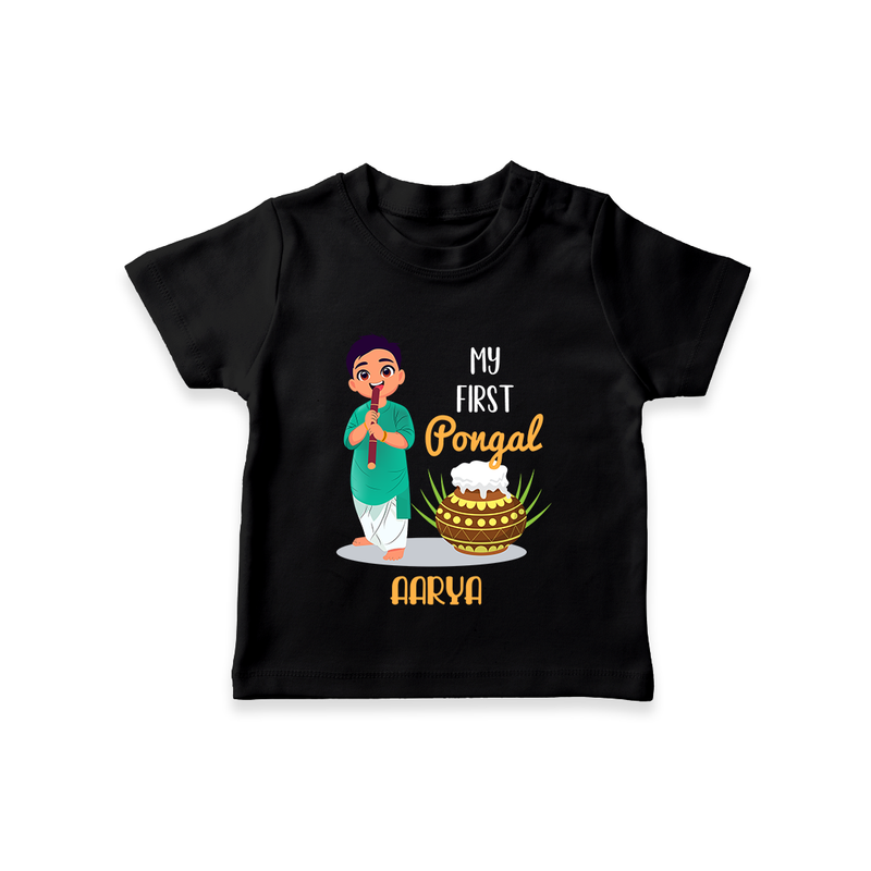 "celebrate This Pongal With Our My First Pongal Themed Customized T-Shirt For Babies" - BLACK - 0-5 Months Old (Chest 17")