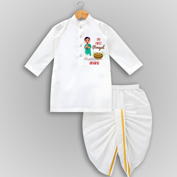 My First Pongal - Adorable Customized Draped Dhoti for Boys - WHITE - 0 - 6 Month Old (Chest 24", Kurta Length 14" , Waist 19", Dhoti Length 14")