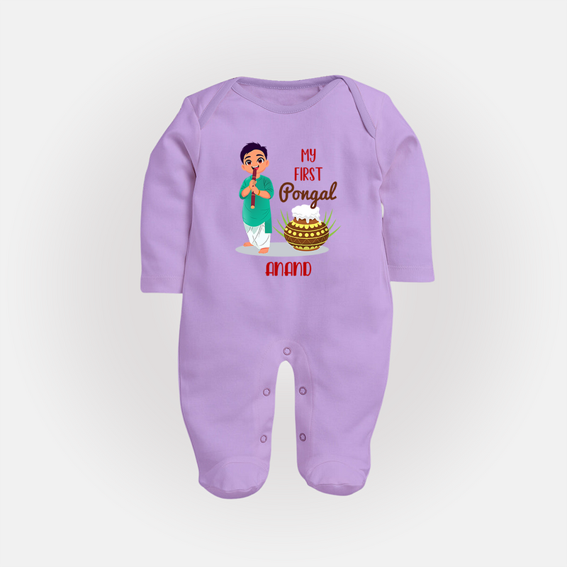 "celebrate This Pongal With Our My First Pongal Themed Customized Sleep Suit For Babies" - LILAC - New Born (Chest 7.5")