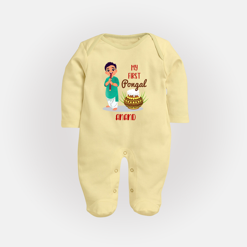 "celebrate This Pongal With Our My First Pongal Themed Customized Sleep Suit For Babies" - PASTEL YELLOW - New Born (Chest 7.5")