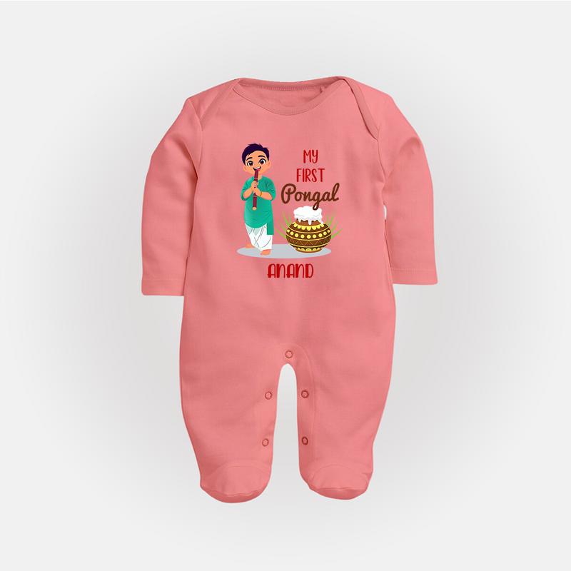 "celebrate This Pongal With Our My First Pongal Themed Customized Sleep Suit For Babies" - PEACH - New Born (Chest 7.5")