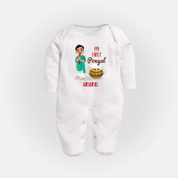 "celebrate This Pongal With Our My First Pongal Themed Customized Sleep Suit For Babies" - WHITE - New Born (Chest 7.5")