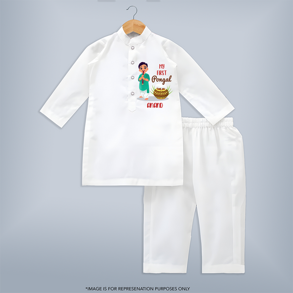 My First Pongal - Adorable Customized Kurta Set for Boys - WHITE - 3 - 6 Months Old (Chest 24", Kurta Length 14'', Waist 19", Pant Length 14")