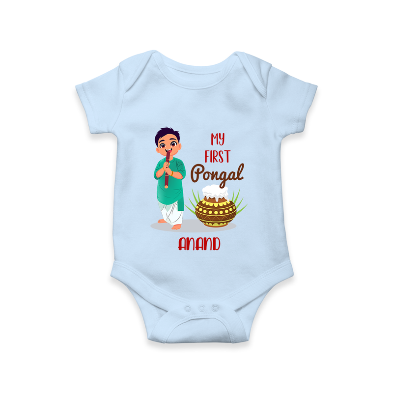 "celebrate This Pongal With Our My First Pongal Themed Customized Romper For Babies" - BABY BLUE - 0-3 Months Old (Chest 16")