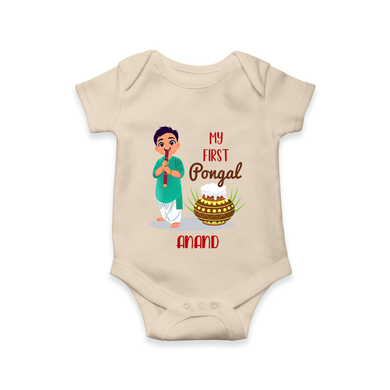 "celebrate This Pongal With Our My First Pongal Themed Customized Romper For Babies" - IVORY - 0-3 Months Old (Chest 16")