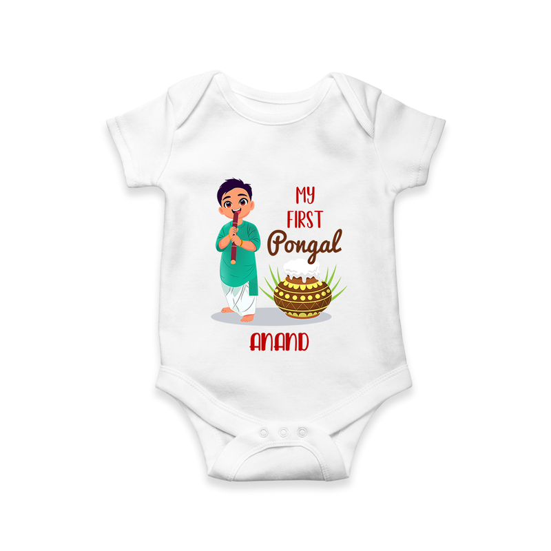 "celebrate This Pongal With Our My First Pongal Themed Customized Romper For Babies" - WHITE - 0-3 Months Old (Chest 16")